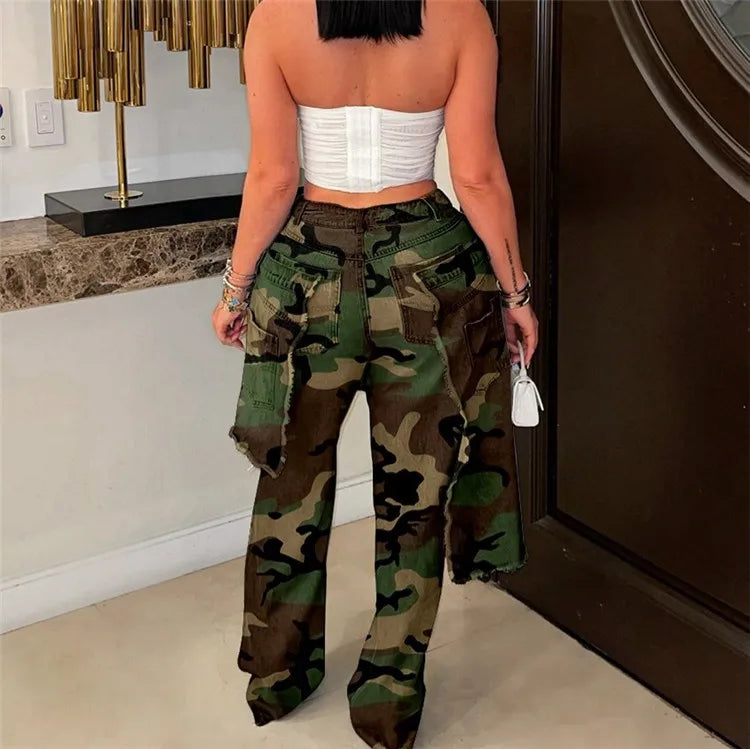 2025 Fall Women's Ripped Out Stretchy Denim Pants Sexy High Waist Hole Camouflage Straight-leg Jeans Y2k Streetwear