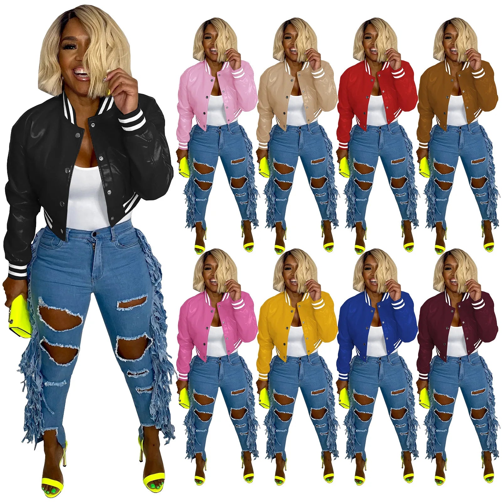 Winter Fall Women Clothes Fashion Wholesale Blank Crop Jackets Leather Baseball Women