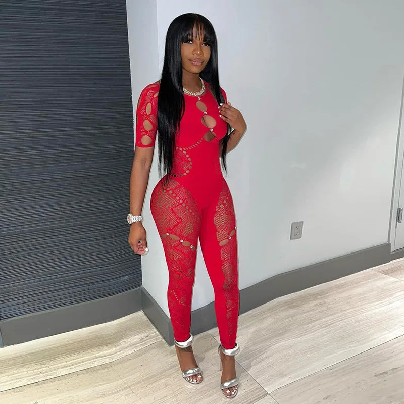 Short Sleeve Hollowed Out Drilling Sexy Slim High-waisted Lace One-piece Playsuits Sexy Romper Woman