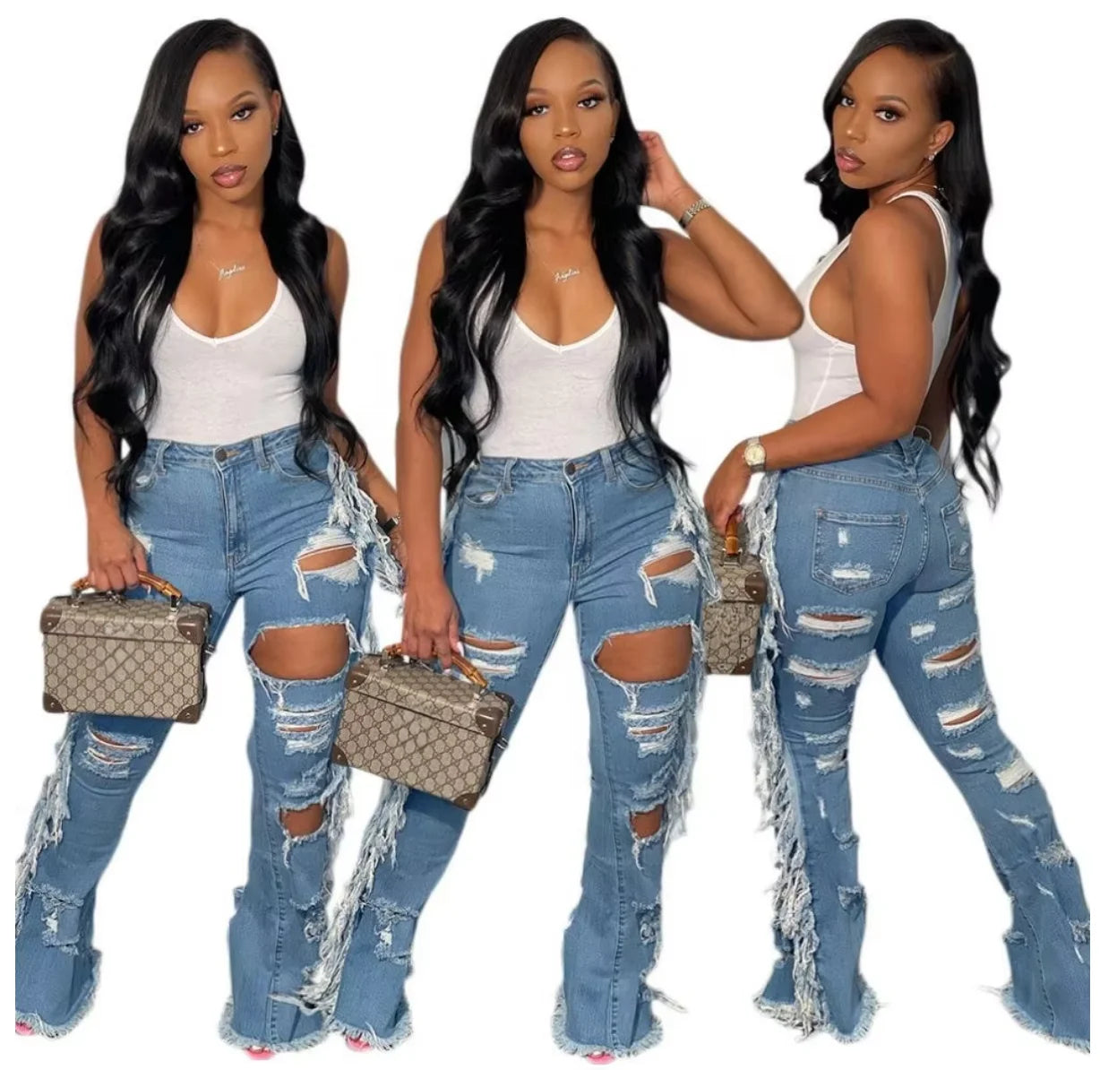 Fashionable Street Trend Women's Plus Size Pants Casual Hole Fringe Frayed Denim Jeans