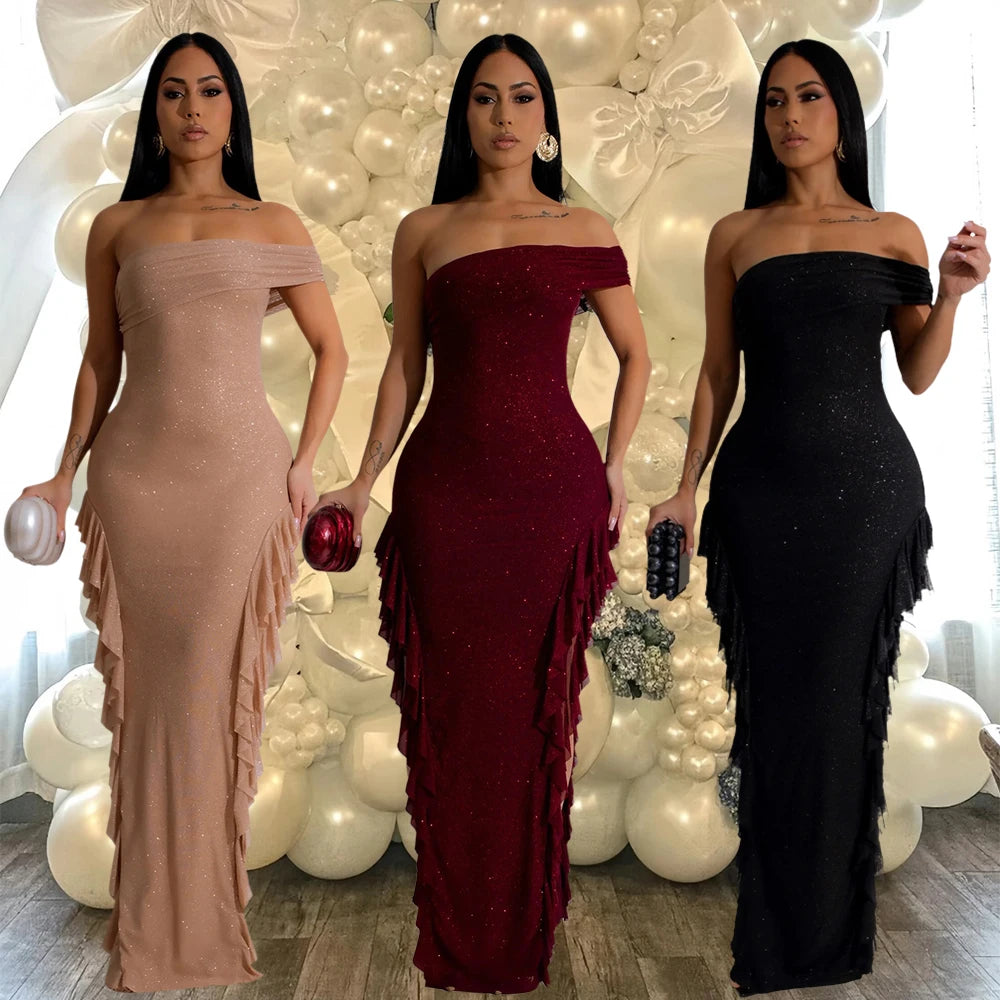 In Stock  CY901546 Moonlit Ruffle Maxi Dress One Shoulder Elegant Evening Dresses for Party Club Birthday 2025 Woman Clothing