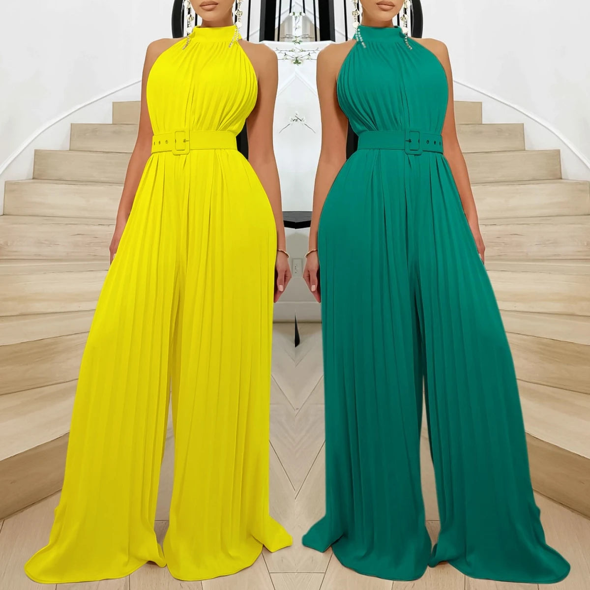 C8588 Latest Design Summer Jumpsuit Women Fashion Solid Color Sleeveless Sexy Pleated Wide Leg Jumpsuit With Belt