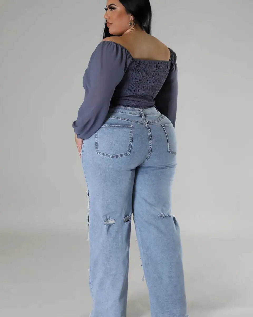 BR4981 New Women's Fashion Casual Printed Tape Ripped Jeans Straight Leg Pants