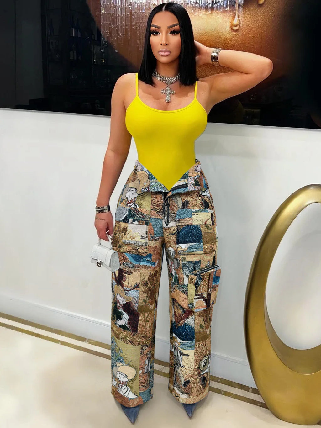 Women Fashion Jacquard Retro Multi Pockets Cargo Pants Button Fly High Waist Loose Casual Streetwear Straight Trousers