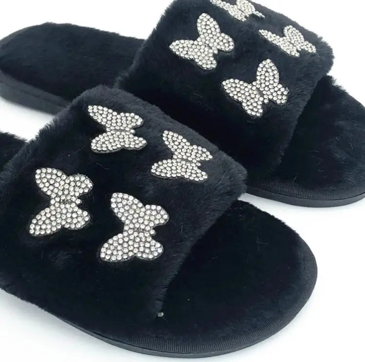 2025 autumn/winter women new round-toe thick-soled flat mid-heel fur sandals bowknot rhinestone slippers Home slippers