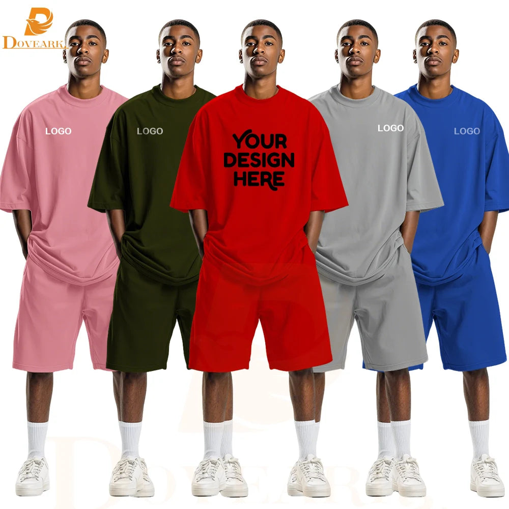 Big and Tall Oversized Men's T-Shirt and Shorts Sets 250G Heavy Drop Shoulder Relaxed Plus Size Tracksuit Outfit Bulk Wholesale