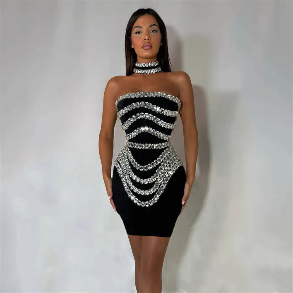 Women Strapless Bodycon Bandage Dress Sexy Beading Summer Celebrity Evening Party Mini Dresses