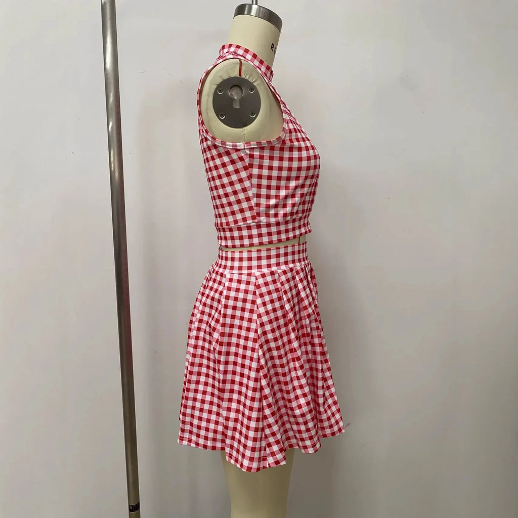 BR6267 Women's Fashion Popular Gentle Sweet Sleeveless Button Decorated Plaid Short Skirt Two-Piece Set