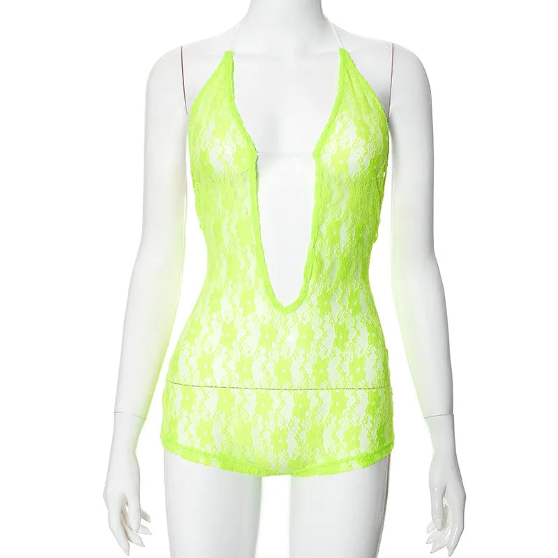 2024 Women's Sexy Solid Bodycon Jumpsuit New See-Through Deep V-Neck Sleeveless with Lace-up Backless Detail for Summer Sports