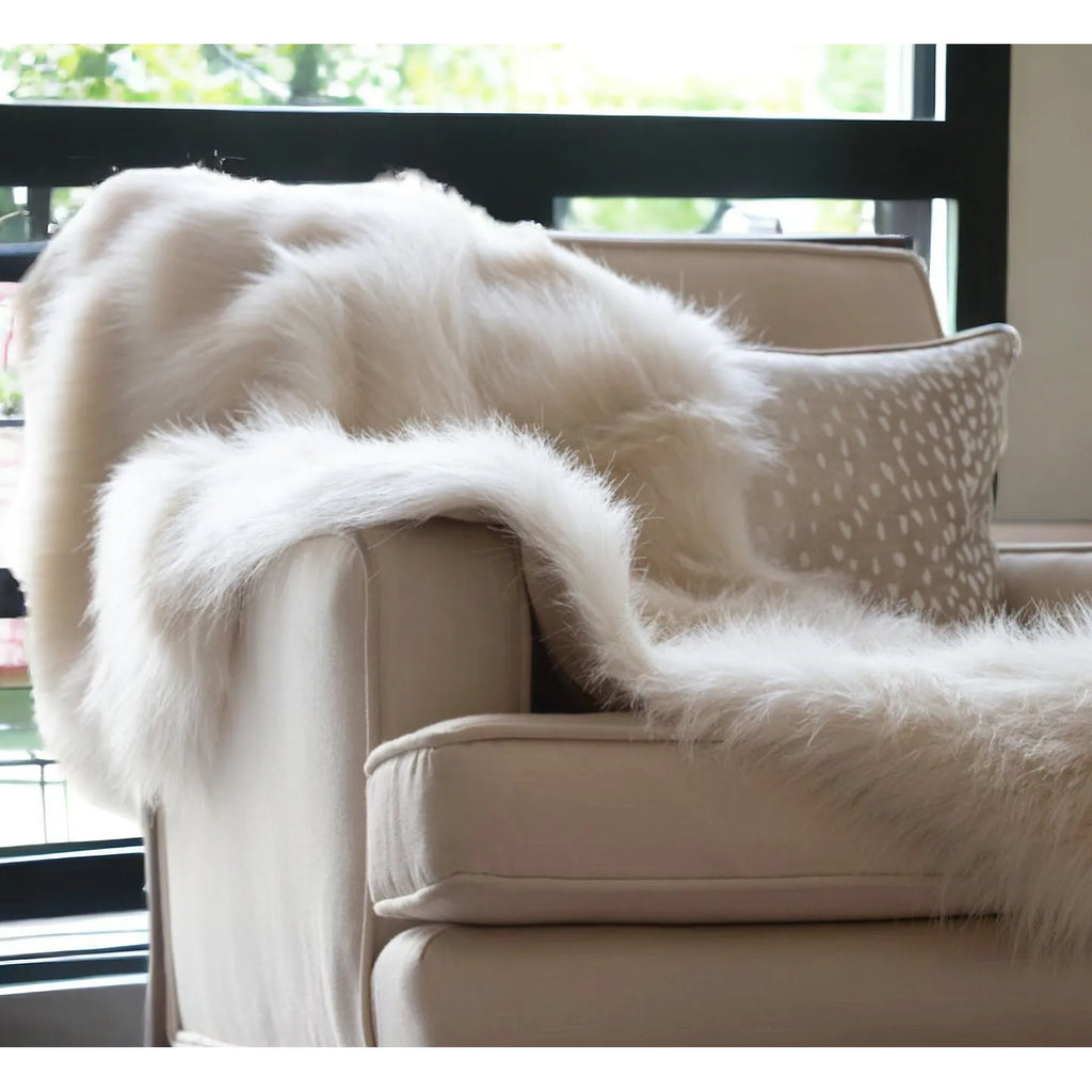 HMS 50\" X 60\" Royal White Long Hair Faux Fur Throw Acrylic & Polyester Knitted Plush 100% Polyester Backing for Garments