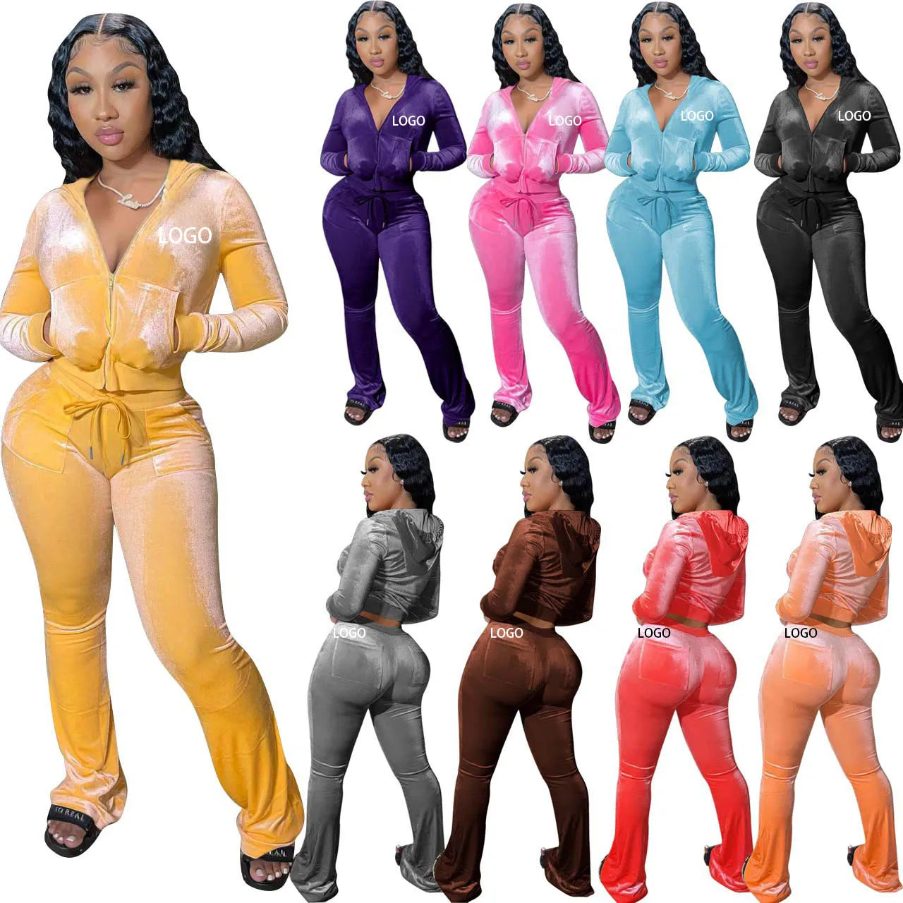 Winter Woman Clothing Ladies Jacket Velvet Sweatsuit Women Vintage Two Piece Flare Pants Set Velour Tracksuits Outfit Sets Women