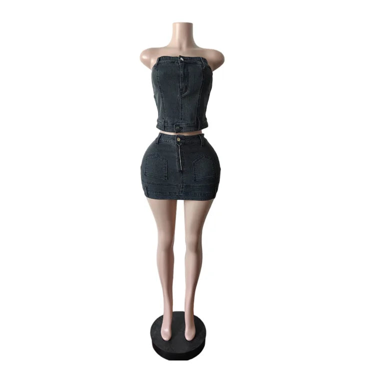 Lady Jeans Mini Skirt Outfit Set Sexy Women Strapless Elegant Two Pieces Denim Club Matching Set Top and Mini Skirt