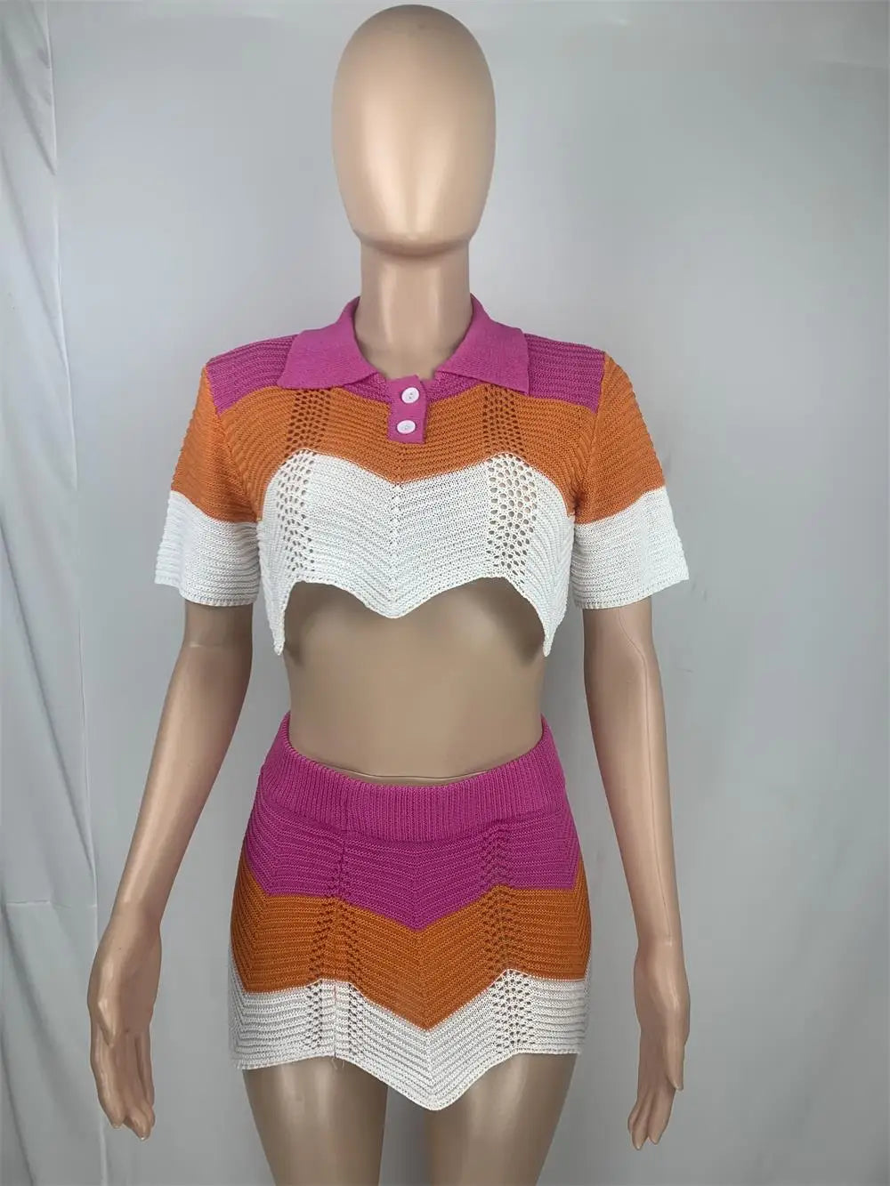 Women's Casual Sexy Dress Stitching Nude Empty Ladies Ruffle Sweater Crop Top Short Sets Women Two Piece Skirt Set Sweaters