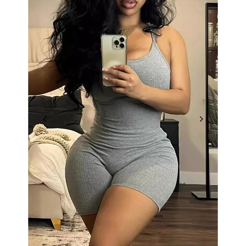 2025 Rib Knit Romper Women Sleeveless Spaghetti Strap Plain High Elasticity Daily Women One Pieces Short Jumpsuits