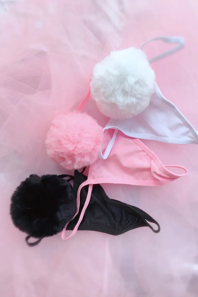 Homemade Panties White Pink Black Sweet Rabbit Tail Sexy Temptation Ball Tail Knicker Lingerie Women Thongs and G Strings
