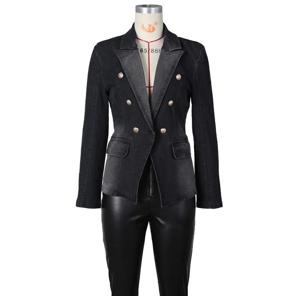 G0614 High Quality Washed Vintage Jacket Double Breasted Blazer Denim Jacket Women