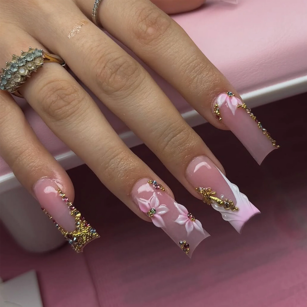24pcs 4351 PMMA Chic Flower Nail Art Medium Square False Nails Artificial Fingernails Customize OEM ODM