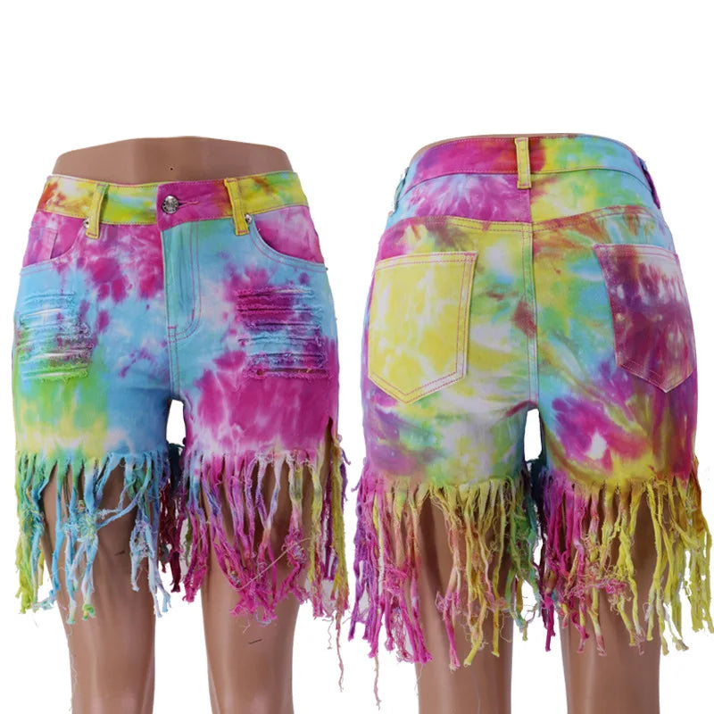 2026 Summer New Fashion Tie Dye Long tassel Denim Shorts For Women High Elasticity Skinny Jeans Shorts Street Trendy Clothing