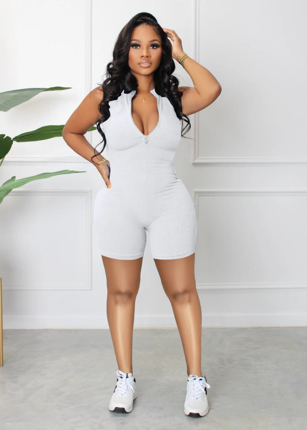 2024 New Summer Ribbed Zipper V Neck Bodycon Rompers Women Plus Size Jumpsuit Fitness Jumpsuit Women