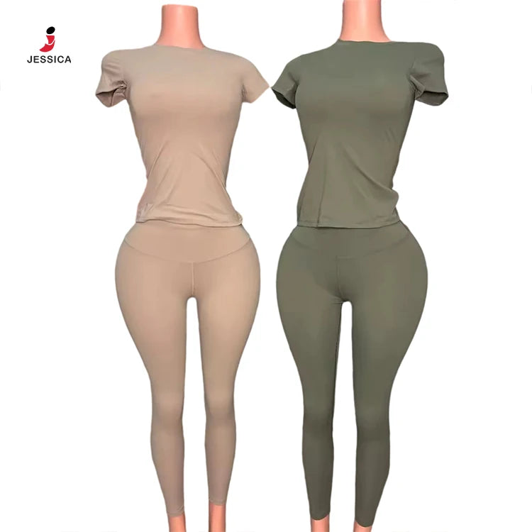 J8455-trendy Solid Color Seamless Legging 2 Piece Set Lady Yoga Wear Jogger Two Piece Set Women Tracksuit