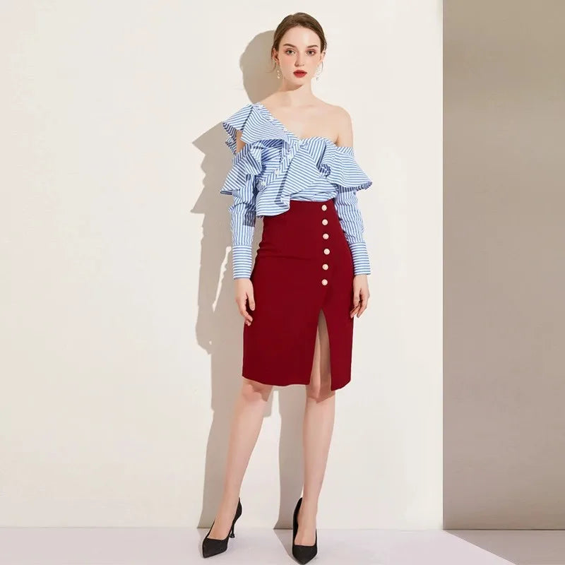 European and American Style Autumn New OL Skirt Professional Fashion Slim Cut Single Breasted Hip Skirt