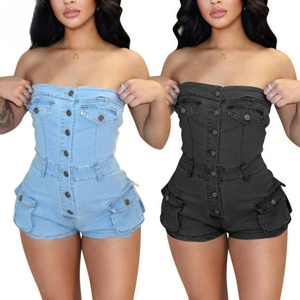 Summer Women Jeans Jumpsuit Off Shoulder 2024 Casual Elastic Denim Rompers Shorts Women
