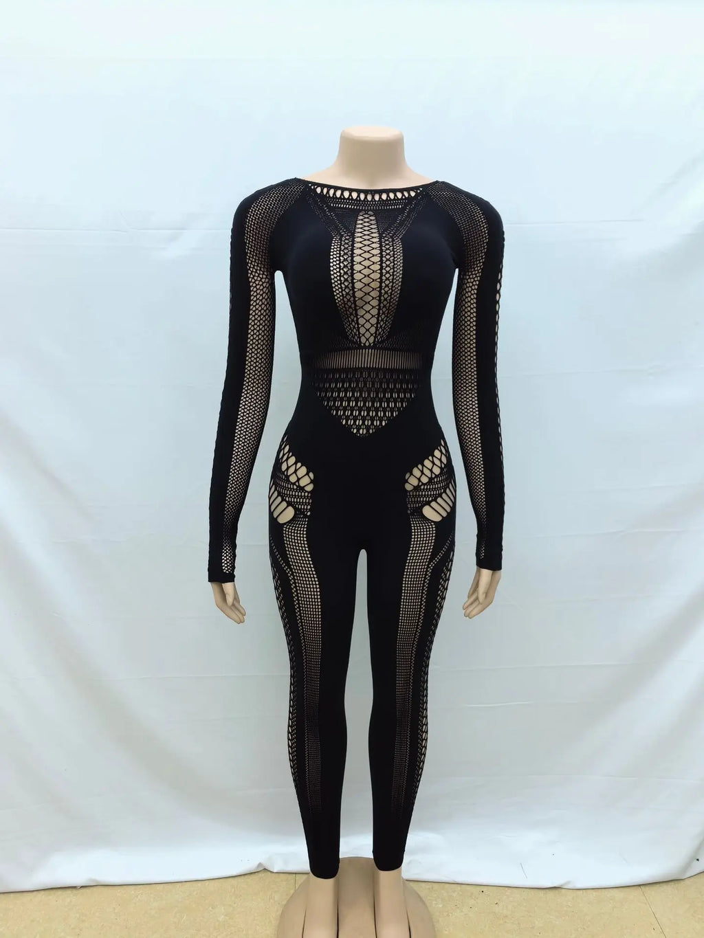 New Arrival Woman Bodysuit Hollow Out Middle Waist Tight Large Size Jumpsuits Solid Color Long Sleeve Sexy See-Through Jumpsuit