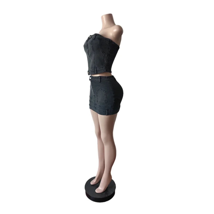 Lady Jeans Mini Skirt Outfit Set Sexy Women Strapless Elegant Two Pieces Denim Club Matching Set Top and Mini Skirt