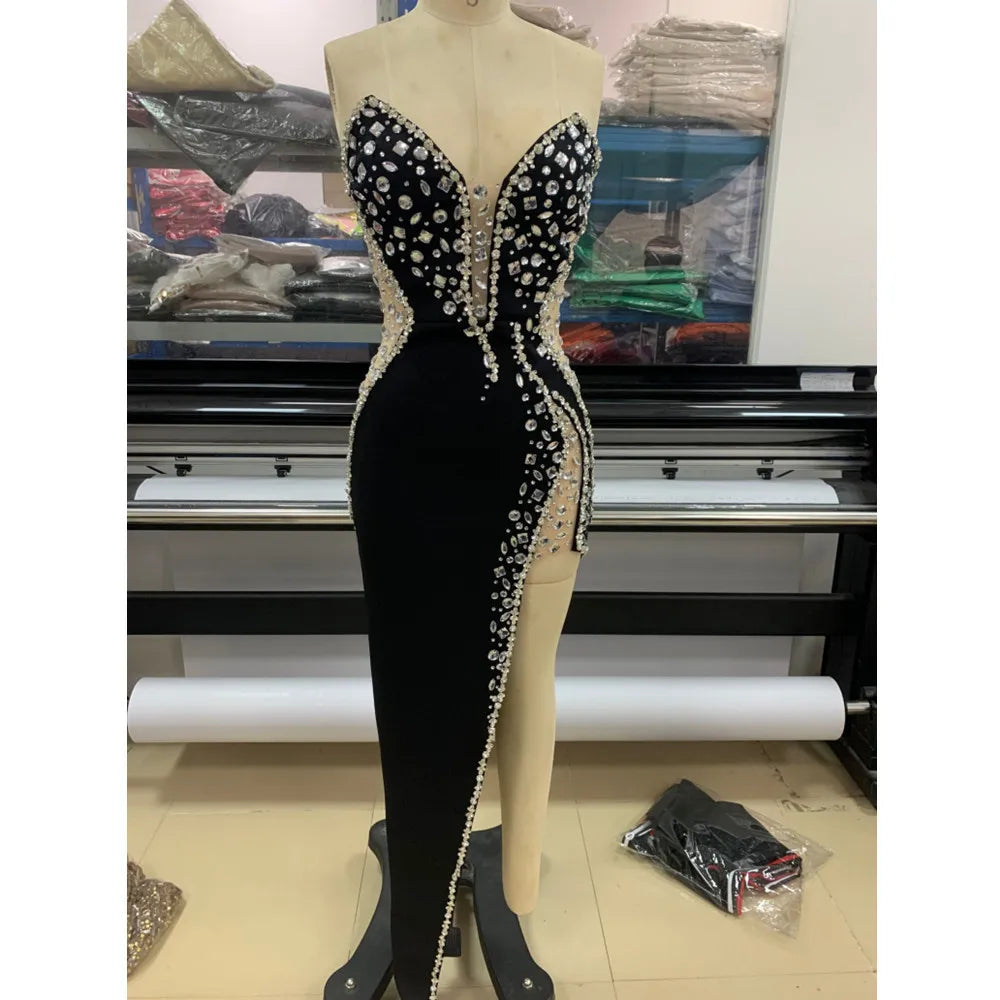 Women Floor-Length Luxury Sleeveless Party Evening Gown with Crystal Diamonds Plain Dyed Natural Waist Eco-Friendly