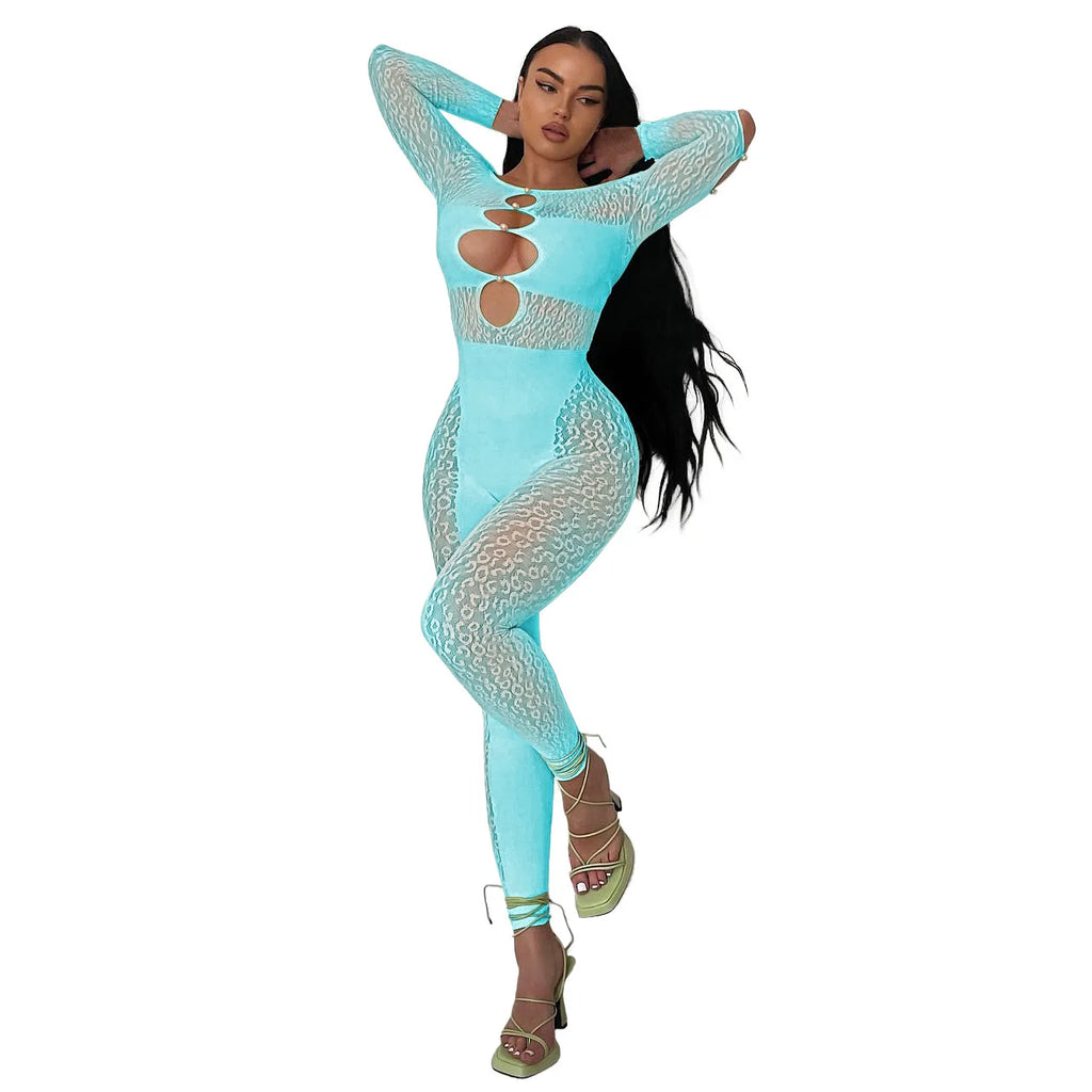 2024 Spring Jumpsuits See-through Leopard Print Pearl Buckle One Shoulder Sexy Jumpsuits for Women
