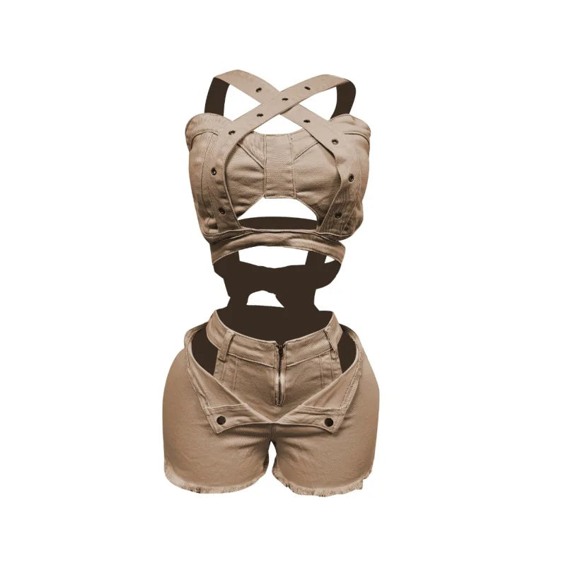 Strapless Elastic Shorts Set with Straps Suit Women's Pants Women Sets