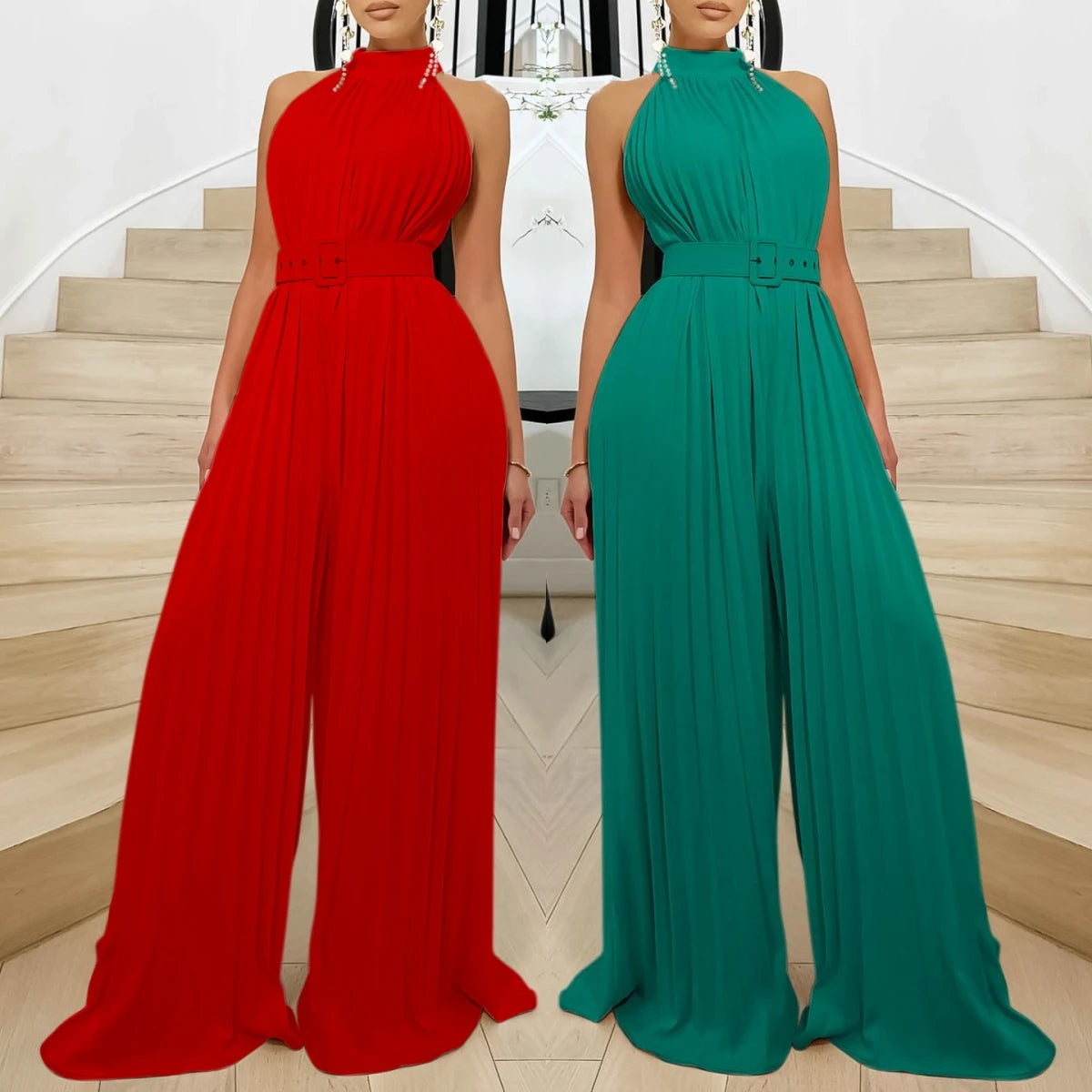 C8588 Latest Design Summer Jumpsuit Women Fashion Solid Color Sleeveless Sexy Pleated Wide Leg Jumpsuit With Belt