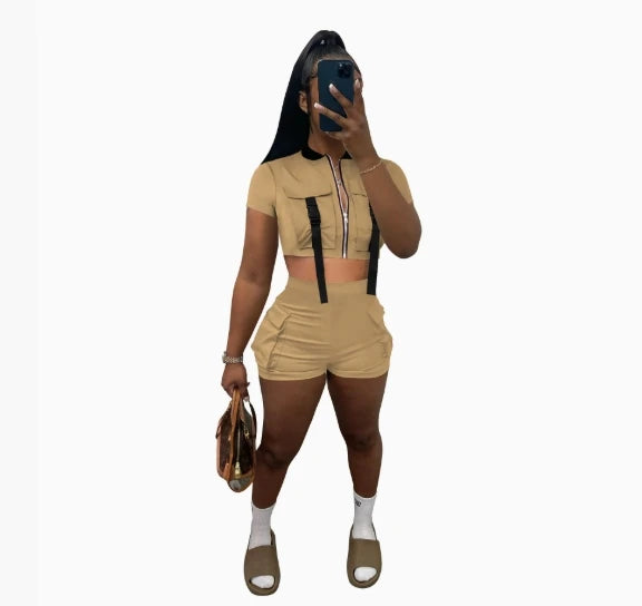 Clearance Sales Trending Product Women Casual 2 Piece Outfit Workout Fitness Zipper Crop Top and Shorts Sets