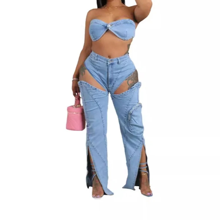 Washed Stretch Denim Split Zipper 3D Pocket Wrap Chest Sexy Top Pants 2 Piece Set Fashion