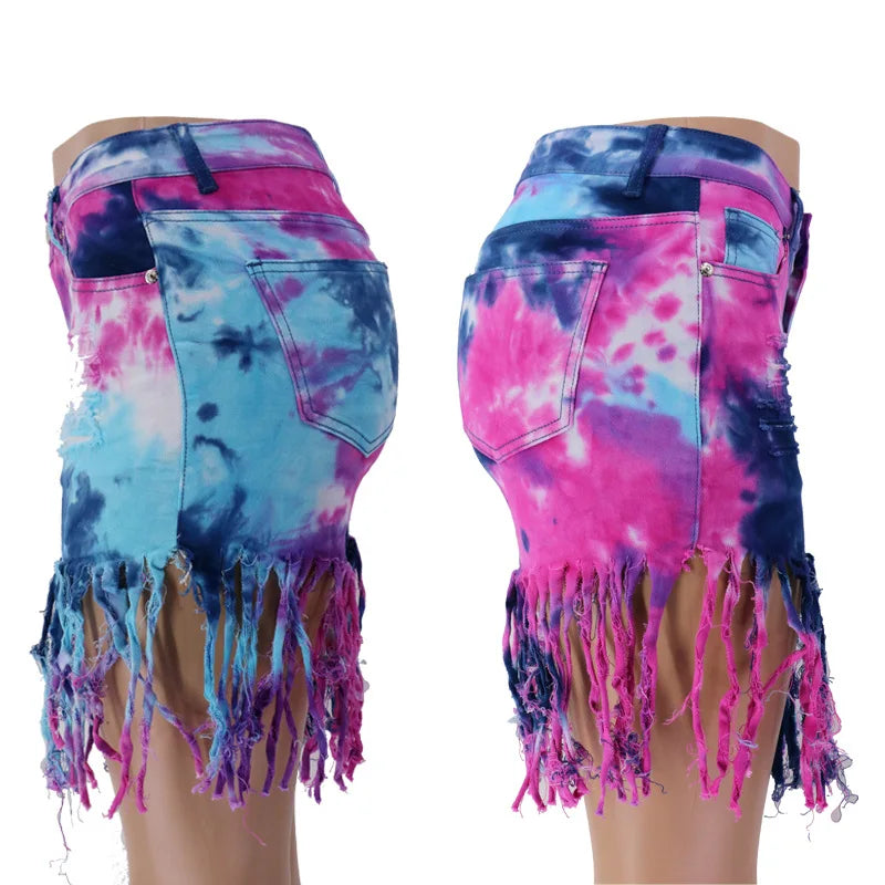 2026 Summer New Fashion Tie Dye Long tassel Denim Shorts For Women High Elasticity Skinny Jeans Shorts Street Trendy Clothing