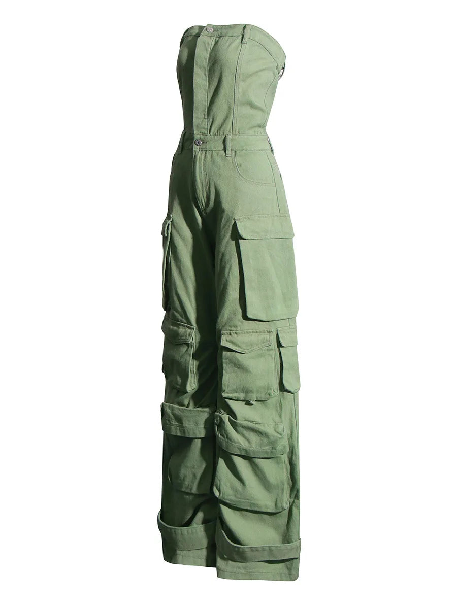 Vintage Pockets Cargo Pants Jumpsuits Women Strapless Buttons Casual Playsuits Straight Pants Romper Woman