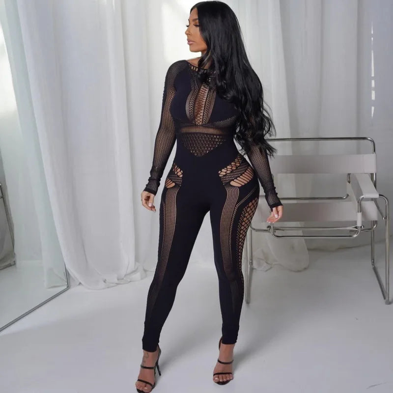 New Arrival Woman Bodysuit Hollow Out Middle Waist Tight Large Size Jumpsuits Solid Color Long Sleeve Sexy See-Through Jumpsuit