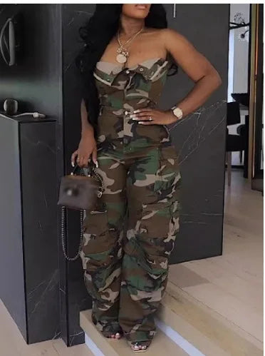 Vintage Pockets Cargo Pants Jumpsuits Women Strapless Buttons Casual Playsuits Straight Pants Romper Woman