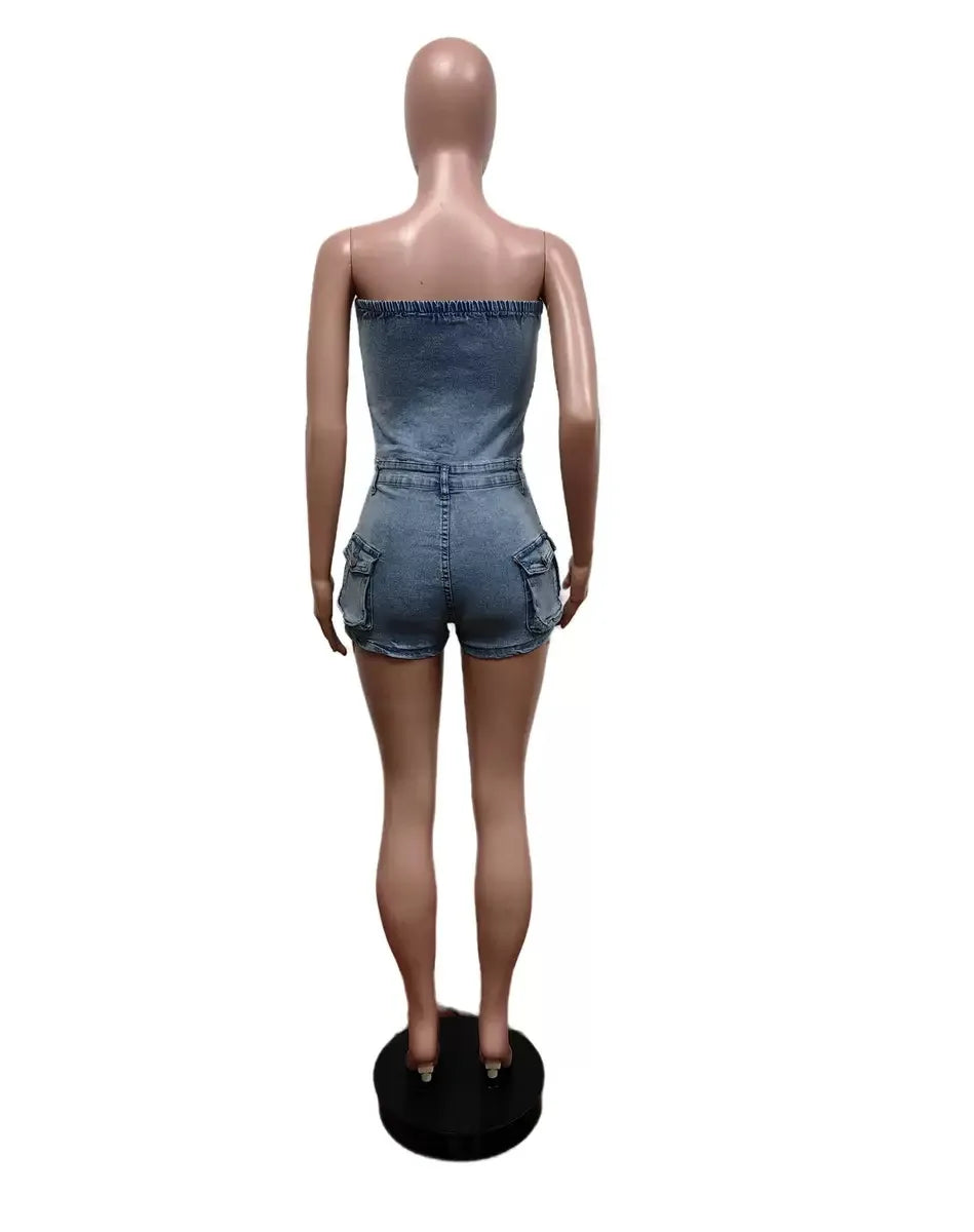 Summer Women Jeans Jumpsuit Off Shoulder 2024 Casual Elastic Denim Rompers Shorts Women