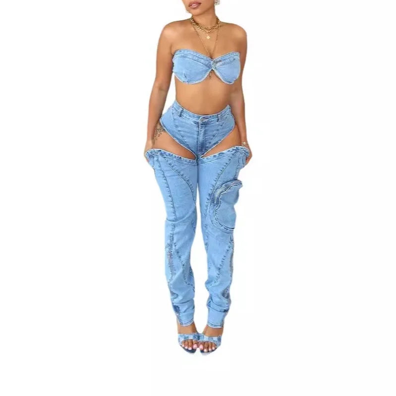 Washed Stretch Denim Split Zipper 3D Pocket Wrap Chest Sexy Top Pants 2 Piece Set Fashion