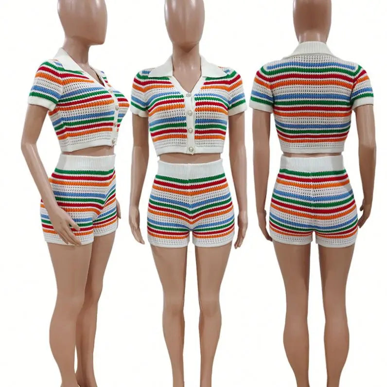Summer Boutique Clothing Knitted 2 Crop Top and Women Sets Striped Loungewear Knit Two Piece Ladies Shorts Outfits