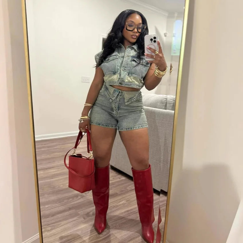 New 2025 Fashion Casual Denim Two Piece Shorts Set Women Clothing Slimming Jeans Tops Shorts Denim Set for Women