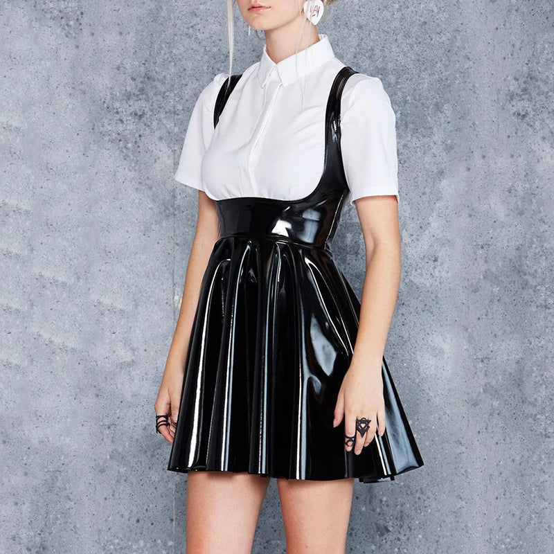 Gothic Women Wet Look Patent PU Leather Skirt Lady High Waist PVC Flared Pleated A-line Circle Mini Skater Skirt Clubwear Custom