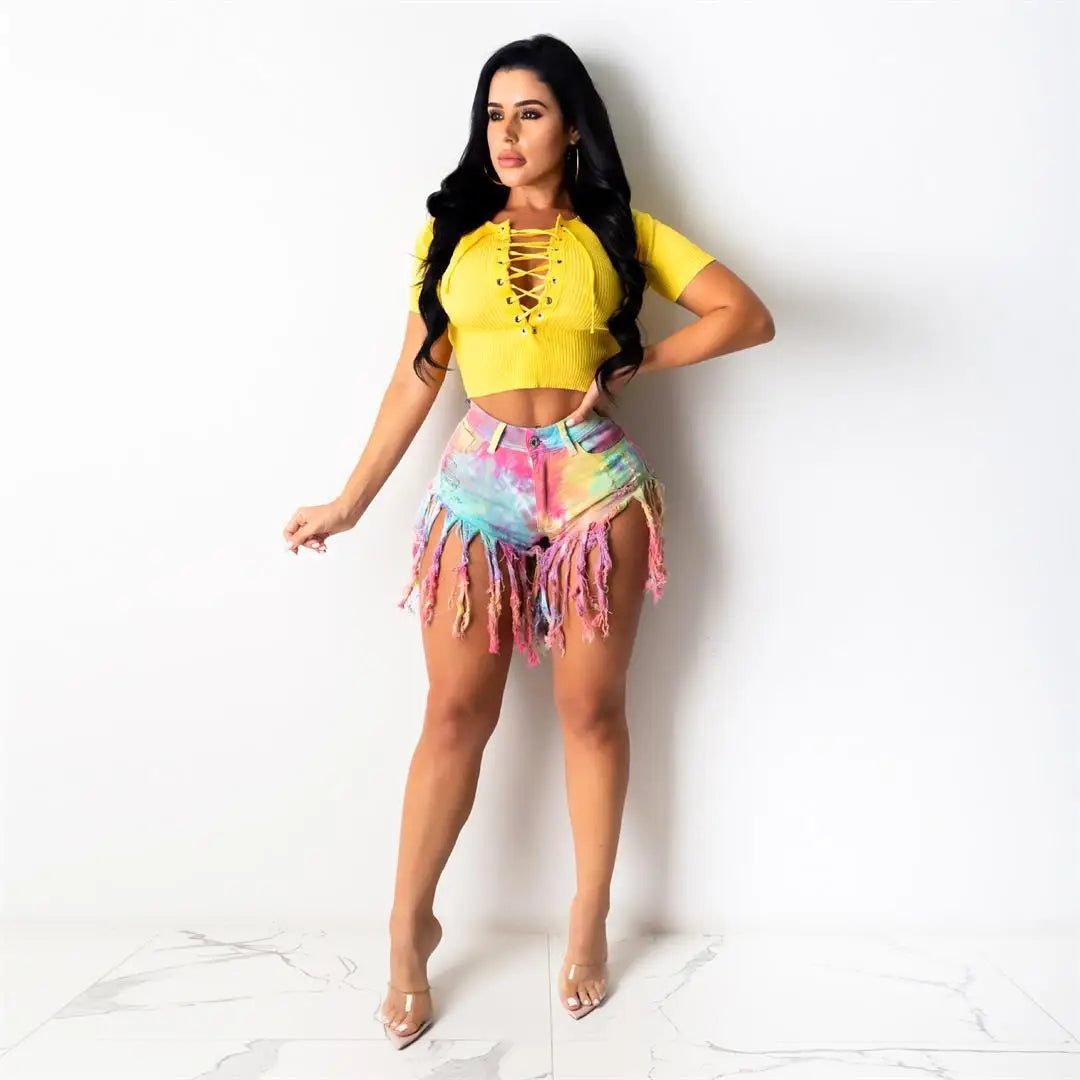 2026 Summer New Fashion Tie Dye Long tassel Denim Shorts For Women High Elasticity Skinny Jeans Shorts Street Trendy Clothing