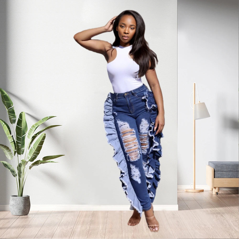Street Style Design Casual High Waist Hole Ruffles Spliced Denim Jeans Women Fashion
