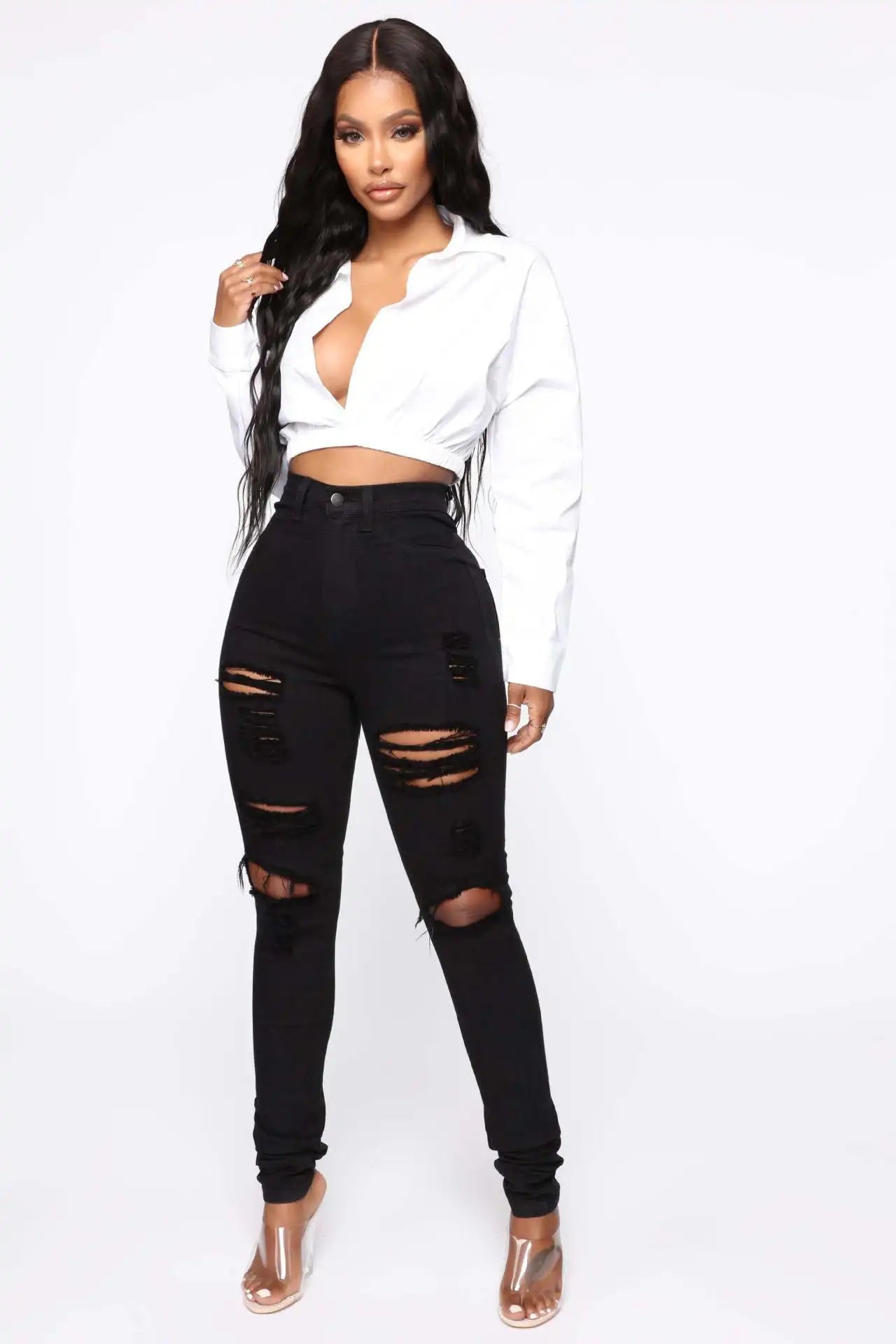 2025 Summer New Fashion Trend Cool Street Black and White Elastic Ripped Jeans Women's Pants