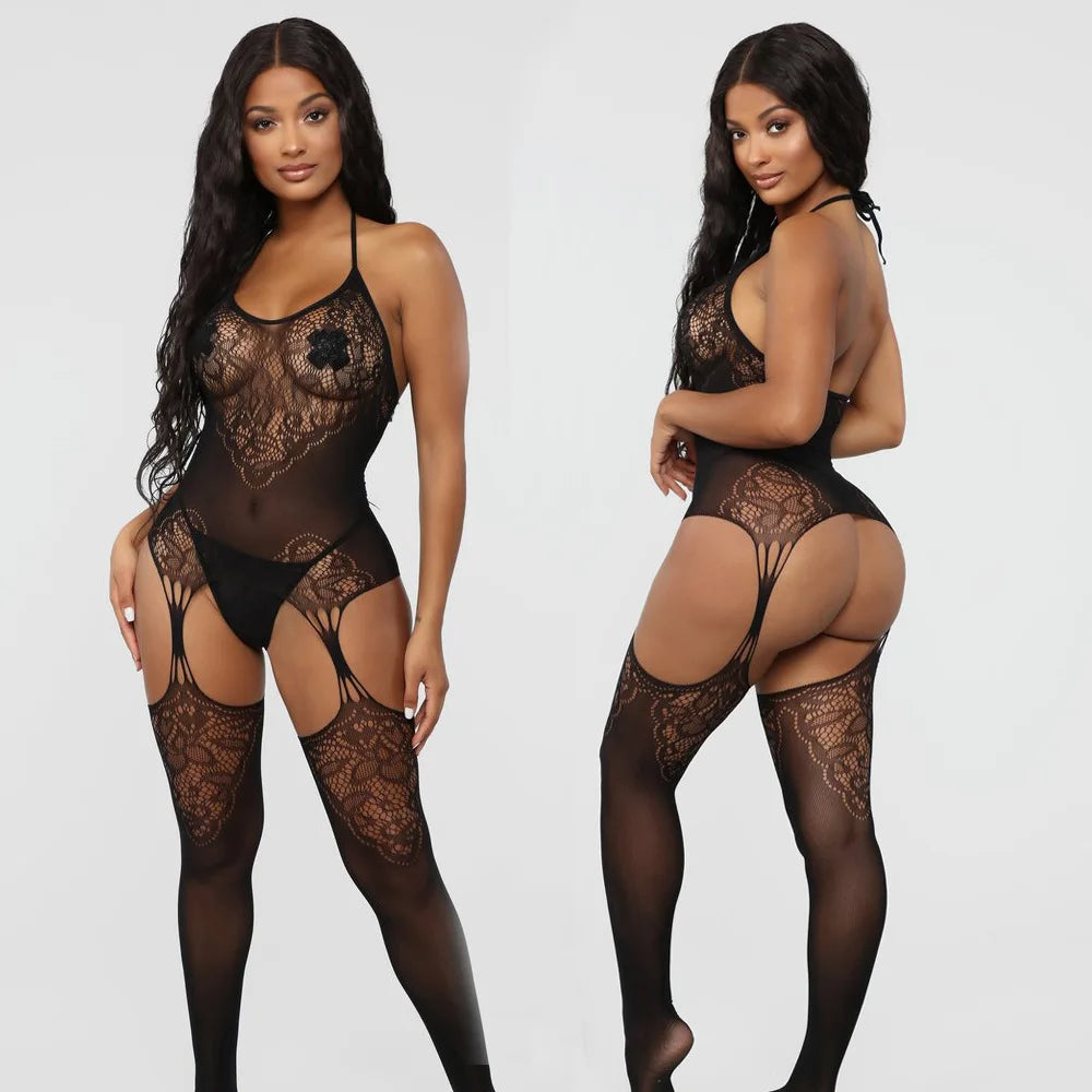 Sexy Beaded Fishnet Bodysuit Lingerie with Skirt Sheer Hips-Covered Teddy & Stockings for Couples' Teasing & Role-Play