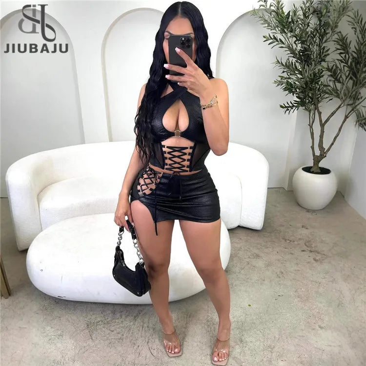 Serpentine Pu 2 Piece Set Women Sexy Hollow Out Cross Halter Backless Lace up Tank Crop Tops Split Bodycon Mini Skirts