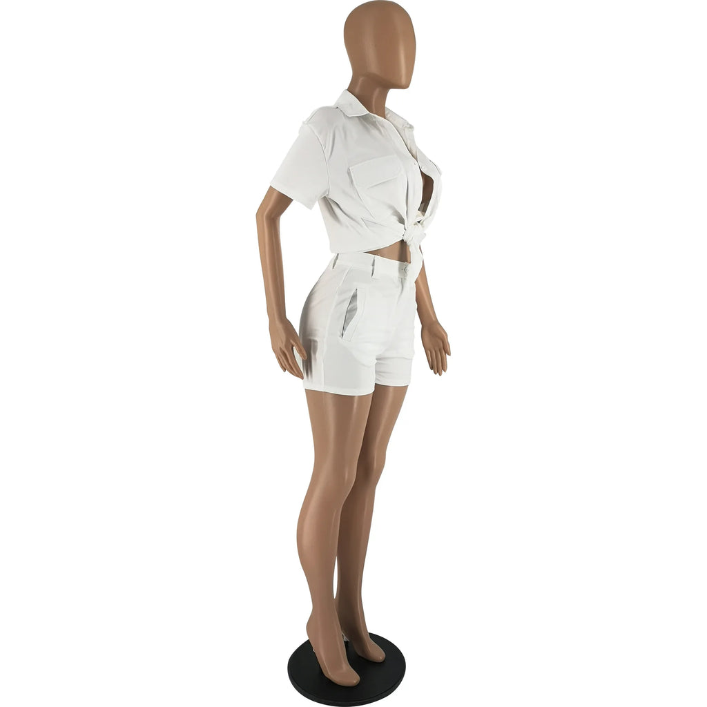 Shirt Two Piece Shorts Set Causal Summer Clothing Button Two Pieces Shorts Set Shirt Turn-Down Collar Women Outfit