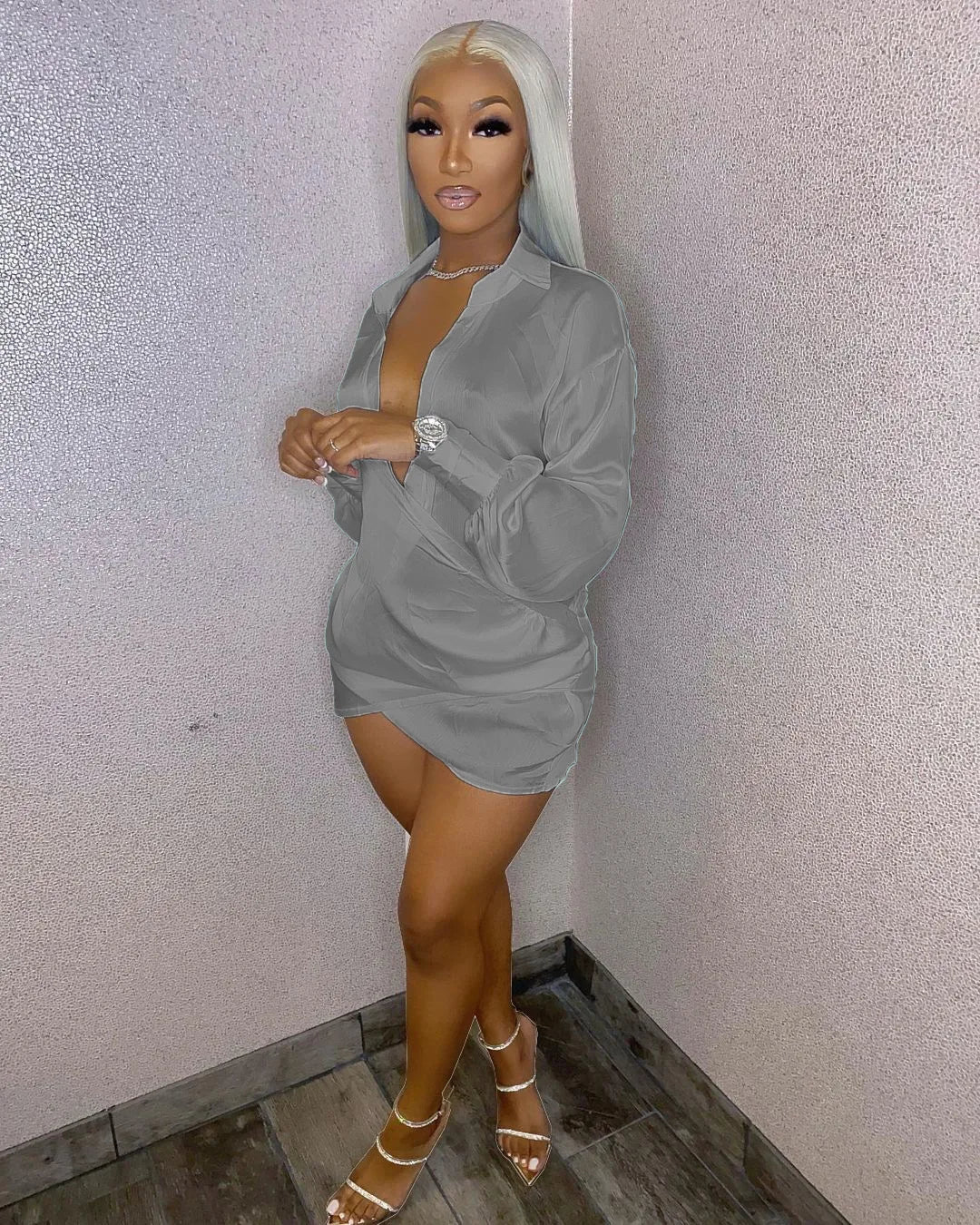 Solid Women Long Sleeve Deep V-neck Midi Mini Dress Sexy Blouses Style Ruched Above knee Dresses Outfits
